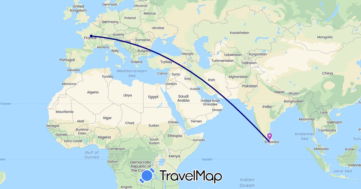 TravelMap itinerary: driving, train in France, Sri Lanka (Asia, Europe)